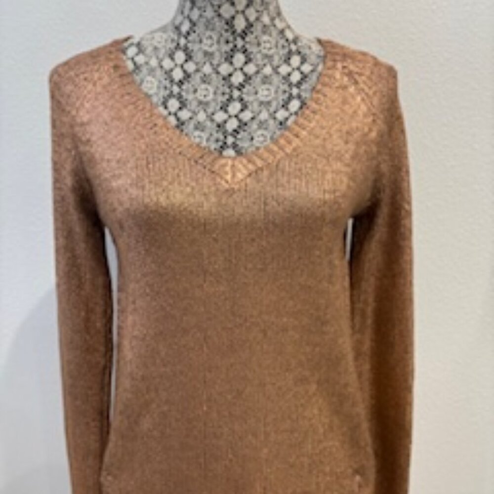 Ella Moss Beatrix V Neck Copper Metallic Long Sleeve Sweater, Size S